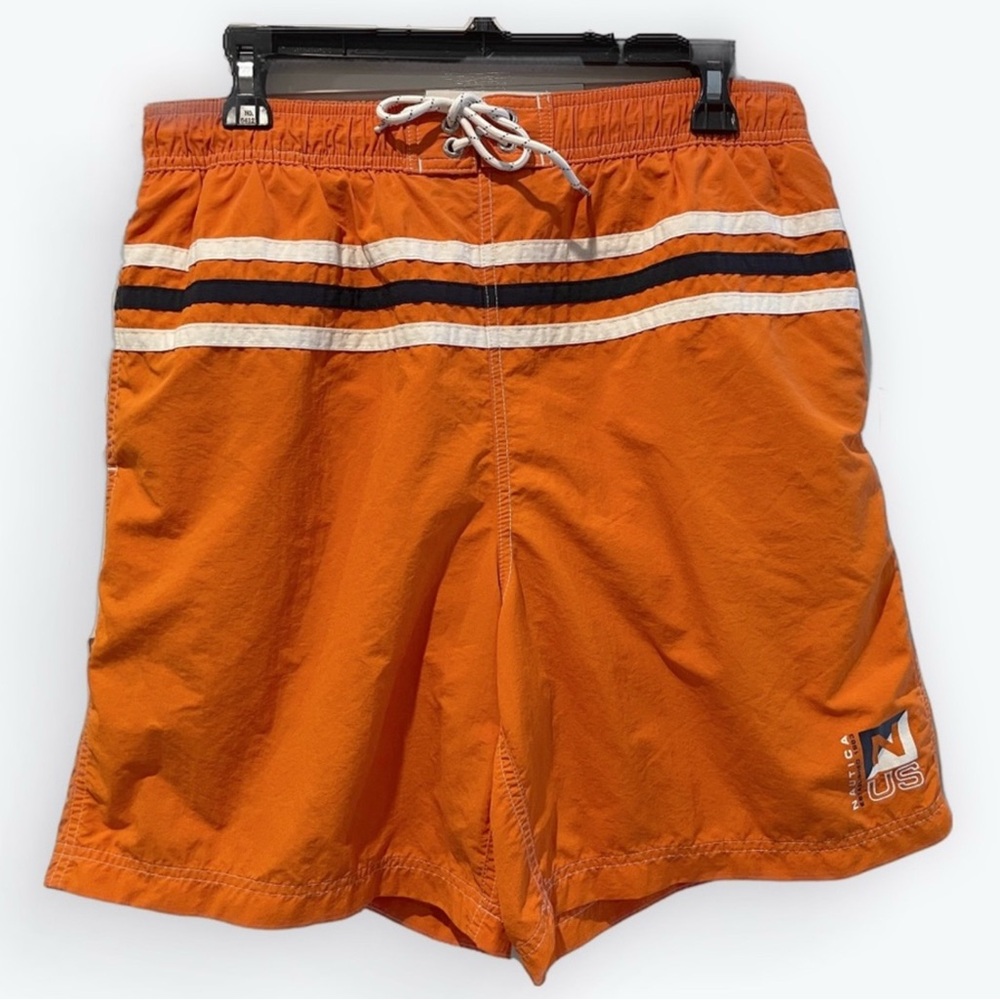 Nautica Adjustable Swim‎ Trunks Orange White & Blue Stripes Men's Medium